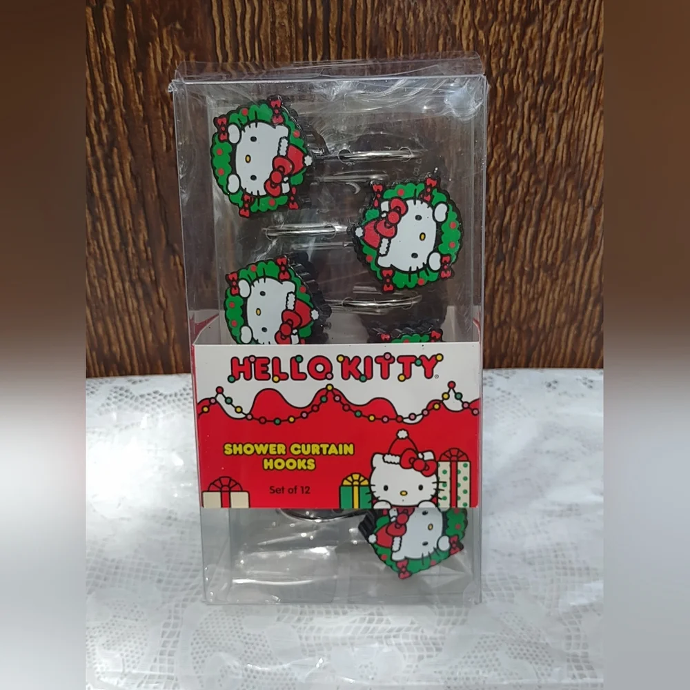 Hello Kitty Sanrio Christmas Shower Curtain Hooks Holiday Wreath NEW